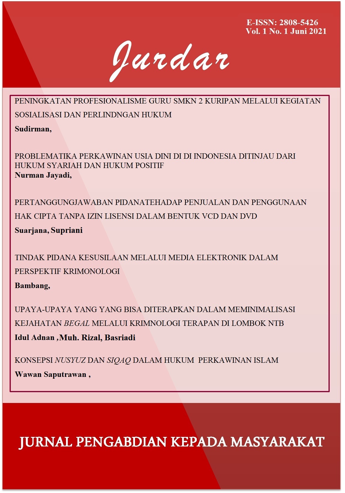 					Afficher Vol. 1 No. 1 (2021): Problematika Hukum di Indonesia di Masa Pandemi Covid 19
				